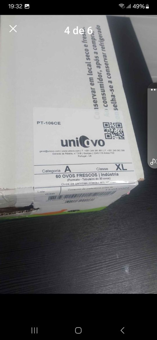 Ovos tamanho XL, caixa com 60 ovos