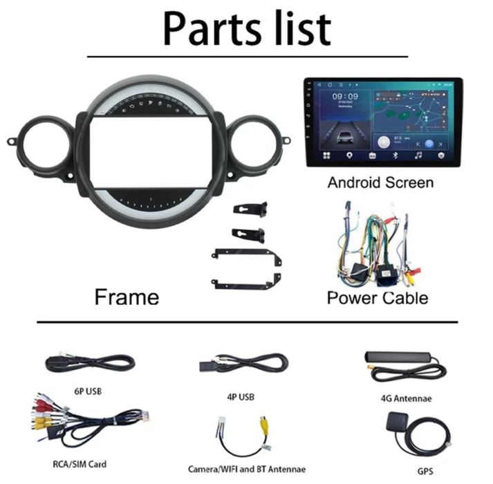 Radio 2 DIN 9" Mini Cooper (2006 a 2015) + Android (4+32 GB) Novos