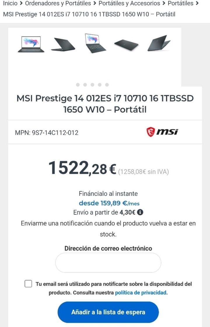 Portátil MSI Prestige 14 A10SC-012ES
