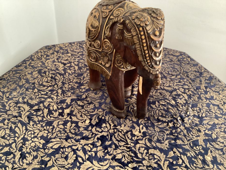 Słoń złocony RZEŹBA drewniana dł. 33cm