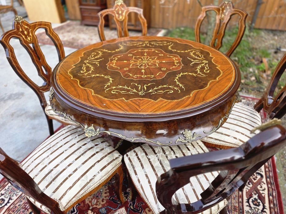 Stół okrągły intarsjowany okuwany mosiądzem + 6 krzeseł #2118 Stylowy