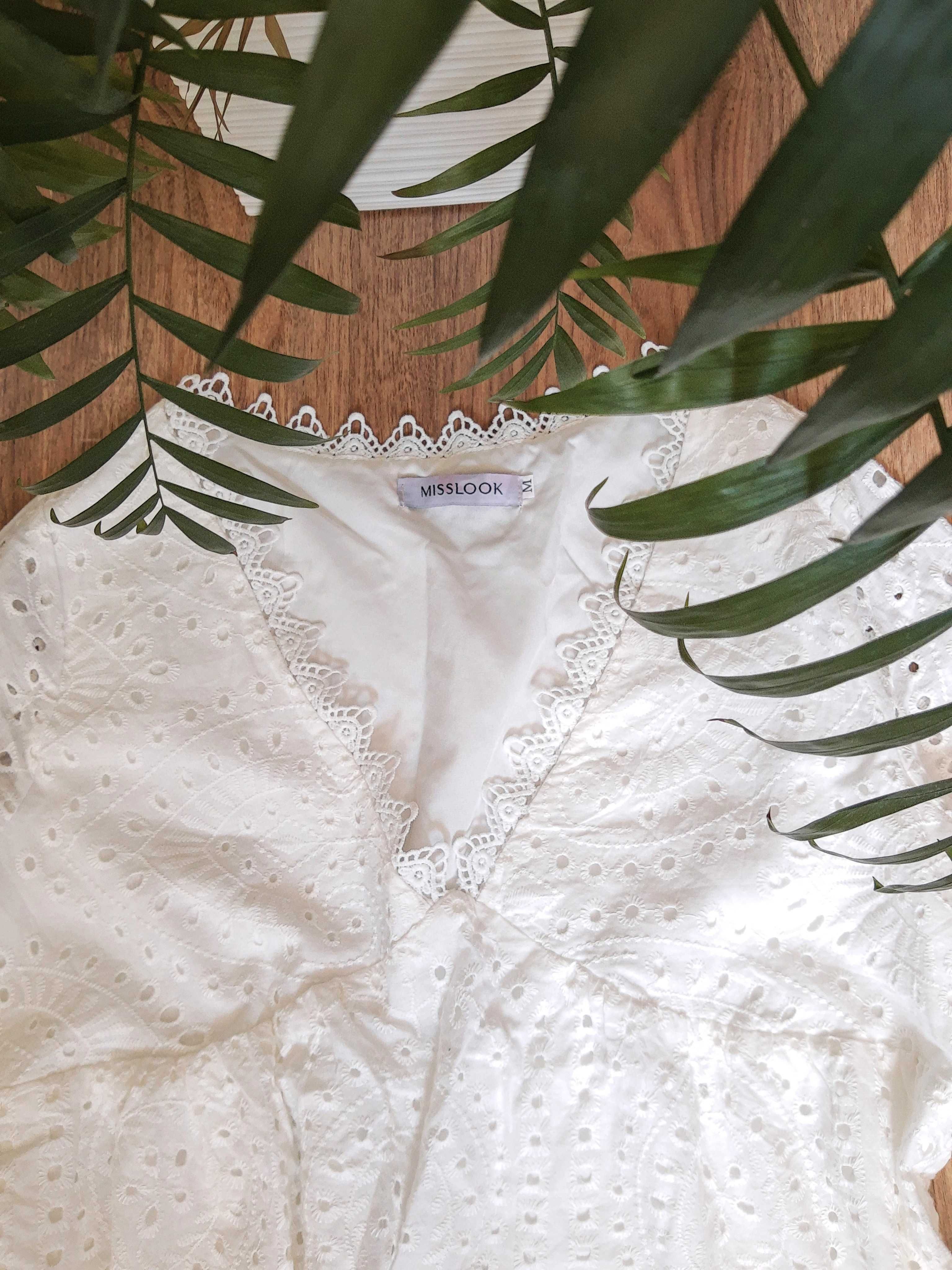 Biała bawełniana sukienka Misslook M wyszywana haftowana