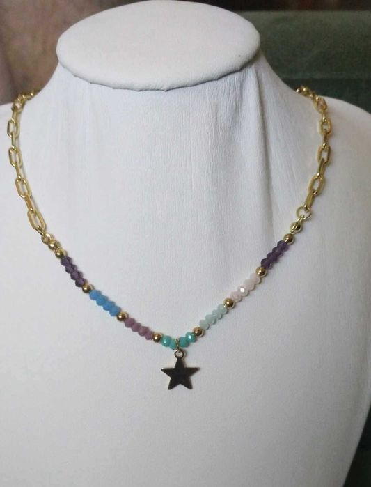 Colar Aço Dourado e Contas de Vidro Facetadas Coloridas NOVO - SALDO