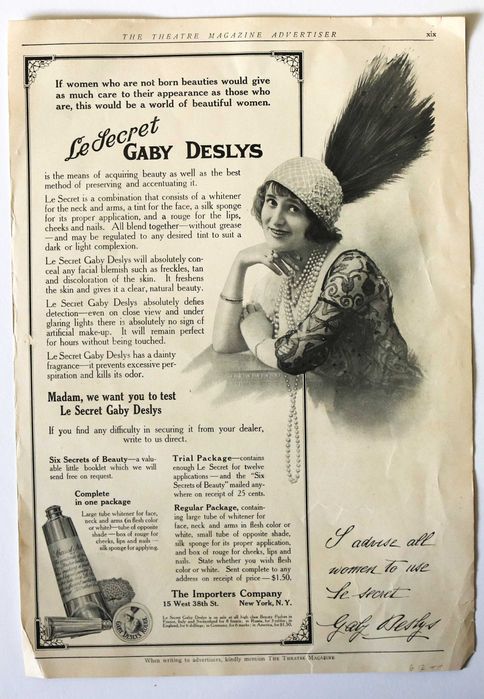 Anúncio cosméticos GABY DESLYS (ex-amante Rei D Manuel II)