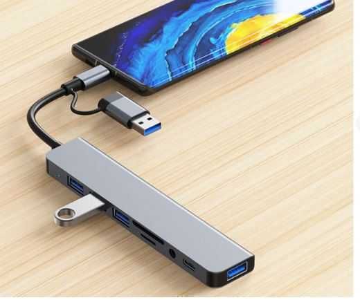 USB хаб 2218TU C/Type A 8 в 1 алюмінієвий hub картрідер аудіо