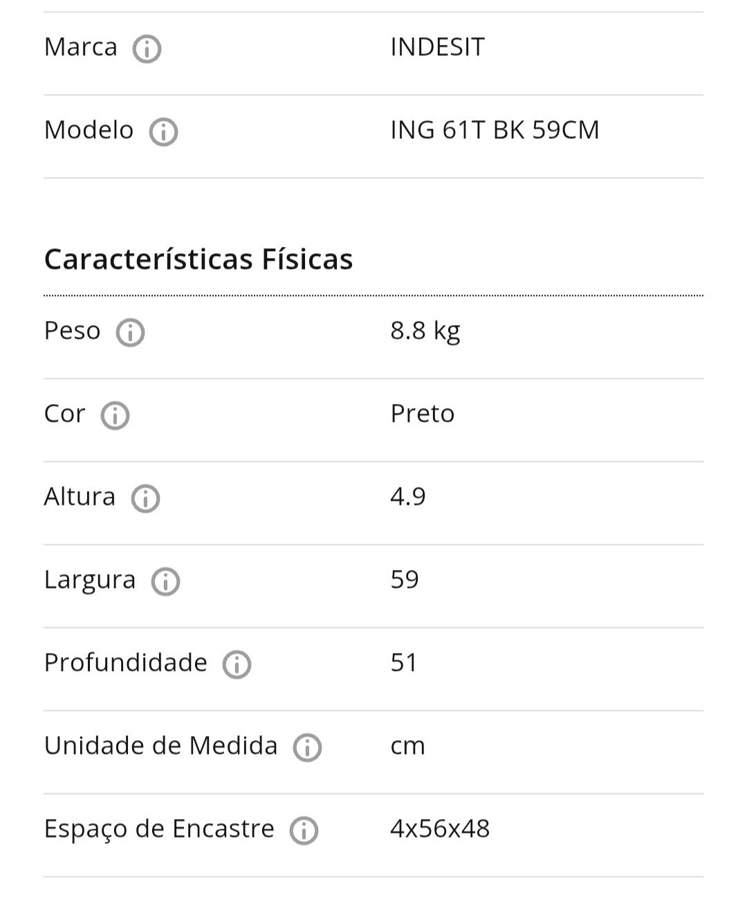 Placa INDESIT ING 61T BK (Gás Natural - 59 cm - Preto)