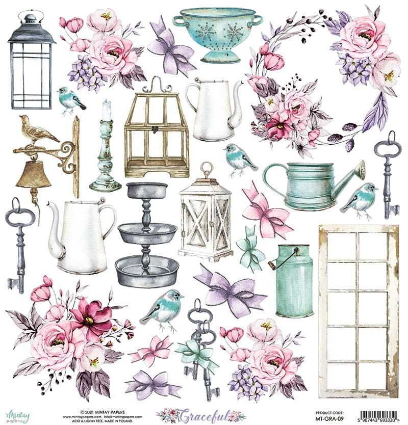 Zestaw papierów do scrapbookingu Mintay - Graceful - 30x30cm + GRATIS