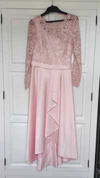 Nowa, różowa, satynowa suknia z szalem, szyta na miarę, rozmiar M/L