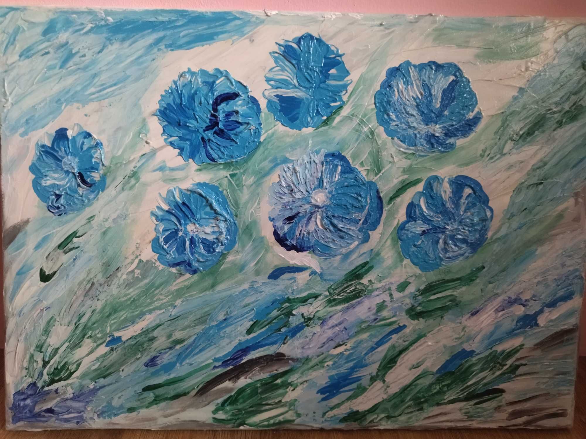 Картина "Синие цветы".Акрил, шпатлёвка, глянцевый лак.