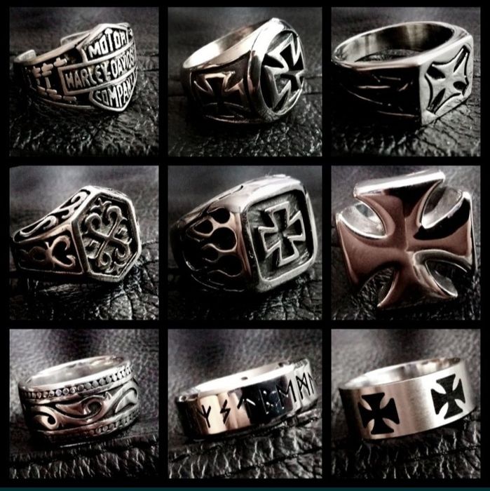 Sygnet motocyklowy pierścień stalowy krzyż maltański płomienie chopper