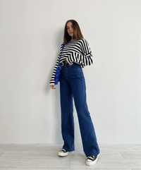 женские прямые длинные темно-синие джинсы zara