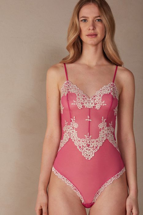 Intimissimi nowe body różowe seria Pretty Flowers sexy koronka S