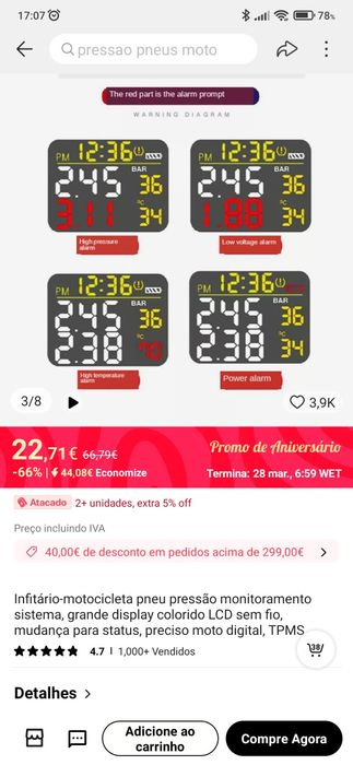 Sensor pressão de pneus para motociclo
