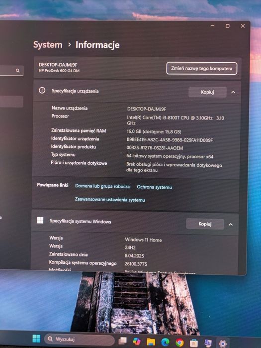 Komputer HP ProDesk 600 G4 i3-8gen 16GB RAM  Win11 windows 11– stan i