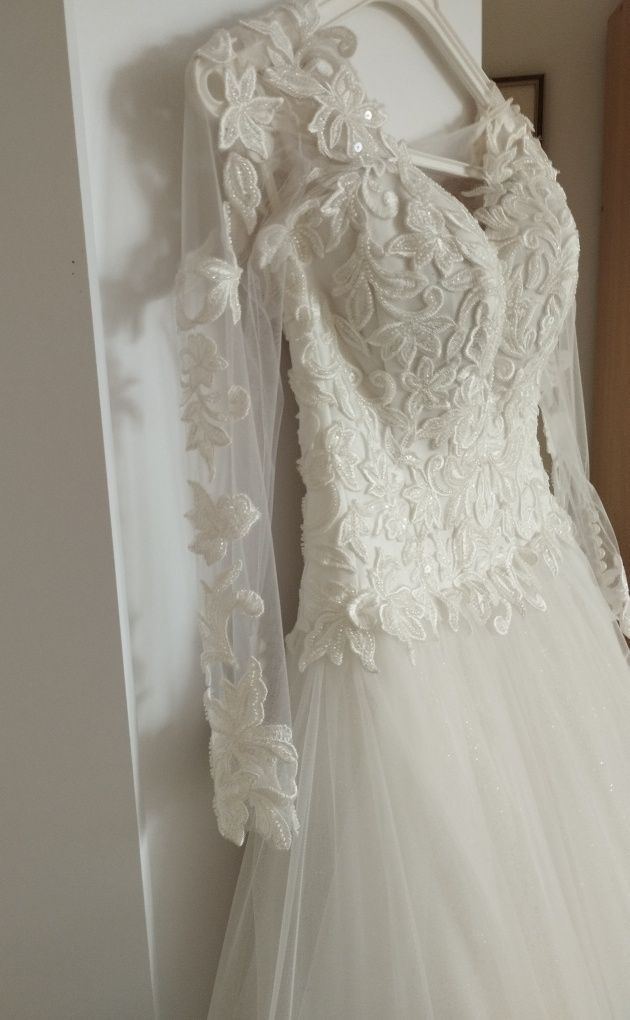Suknia ślubna 38/40 biała koronka perła NOWA bride dress luxuary ślub