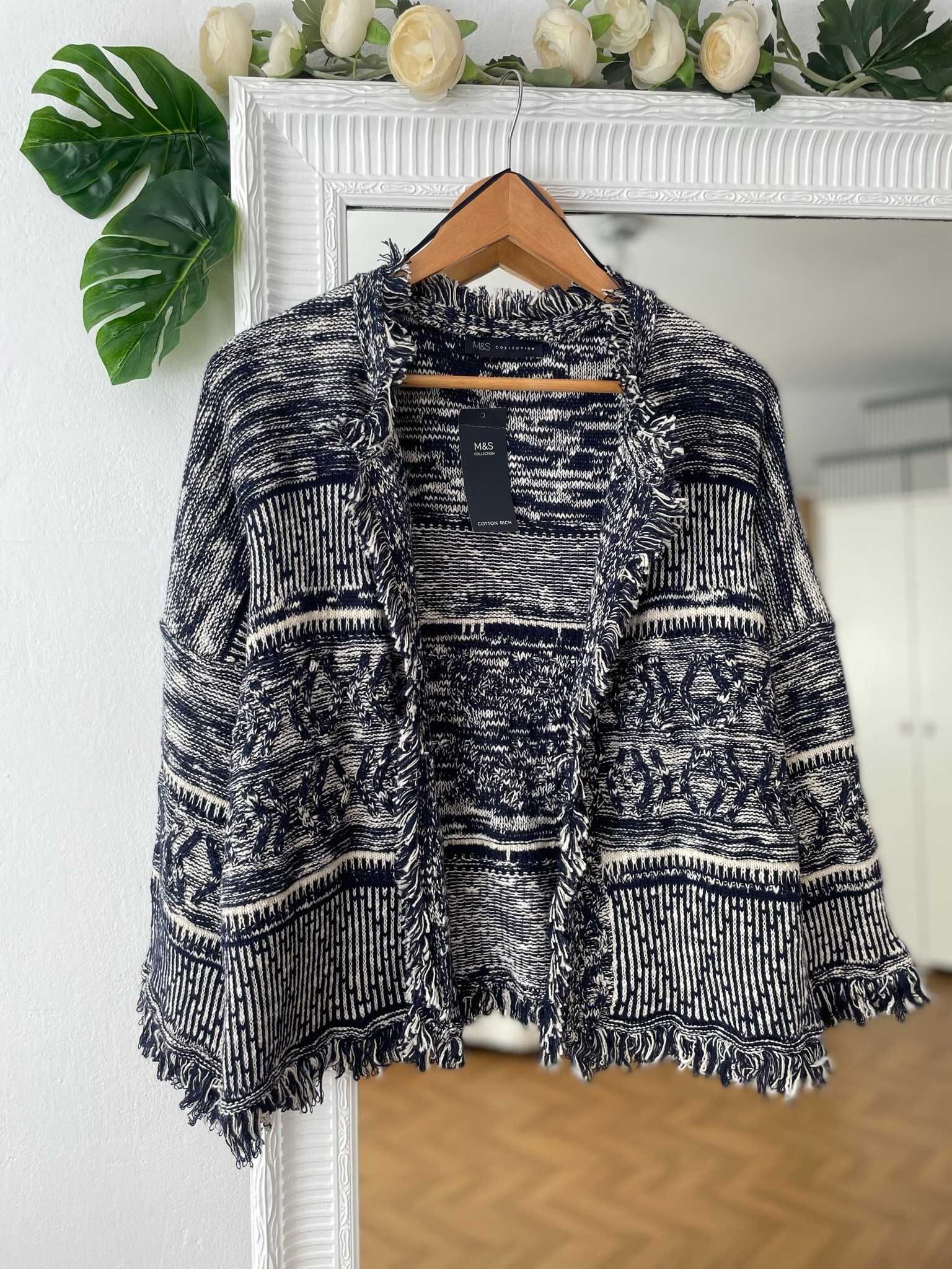 M&S sweter kardigan granatowy kremowy frędzle boho oversize L 40