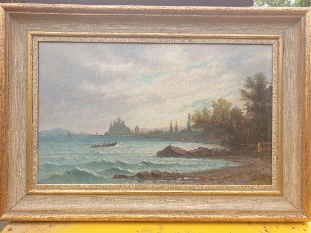 antiga pintura de paisagem marítima em óleo sobre madeira - assinada