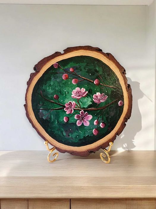 Pintura sobre Fatia de Madeira Rústica - "Ramo de Cerejeira" (19 cm)