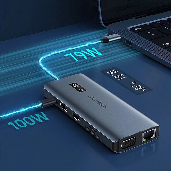 Choetech HUB wielofunkcyjny z wyświetlaczem 12w1 USB-C do 1xUSB-C/4xUS