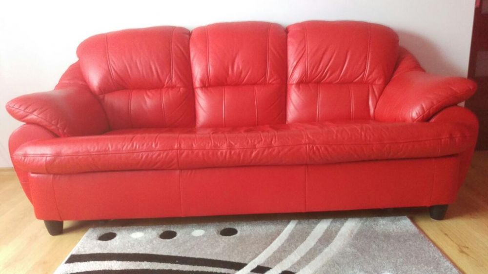 Sofa skorzana, piekna czerwien, STAN BDB!!
