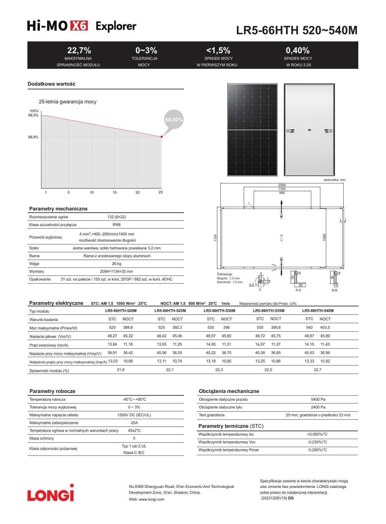 Longi 520-535W czarna rama 210x113x3.5cm Panel fotowoltaiczny DOSTĘPNY