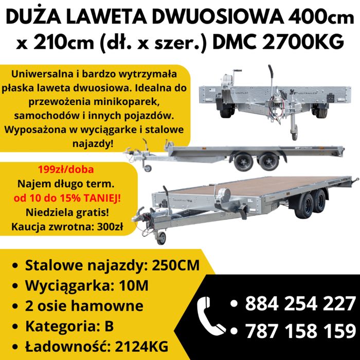 Wynajem laweta przyczepka duża najazdy i wyciągarka