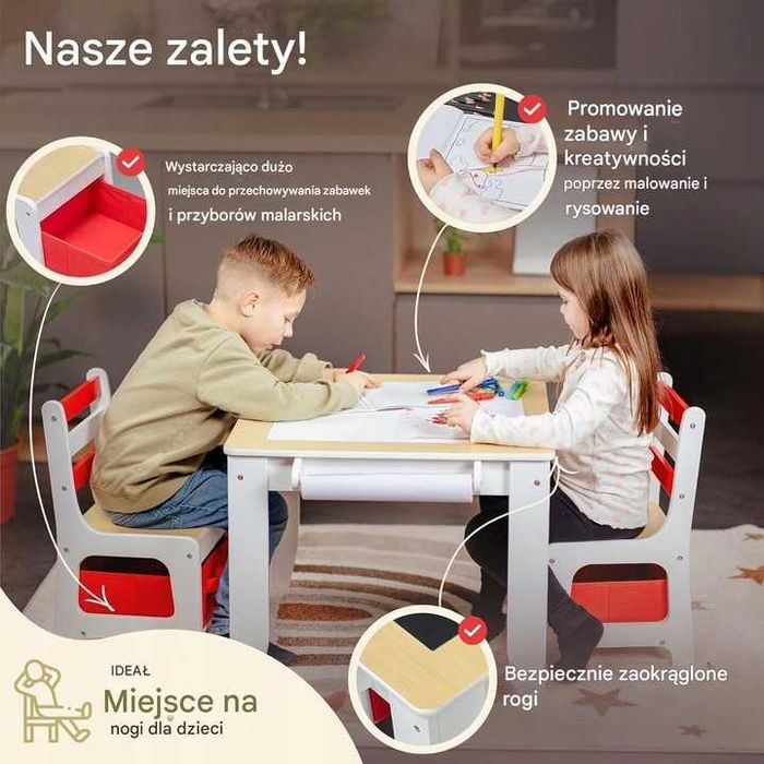 Zestaw mebli dla dzieci: stolik + 2 krzesła | Tablica + schowek