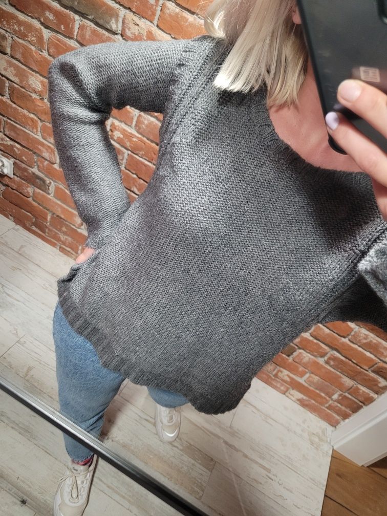 Szary sweter oversize boho wełna vintage