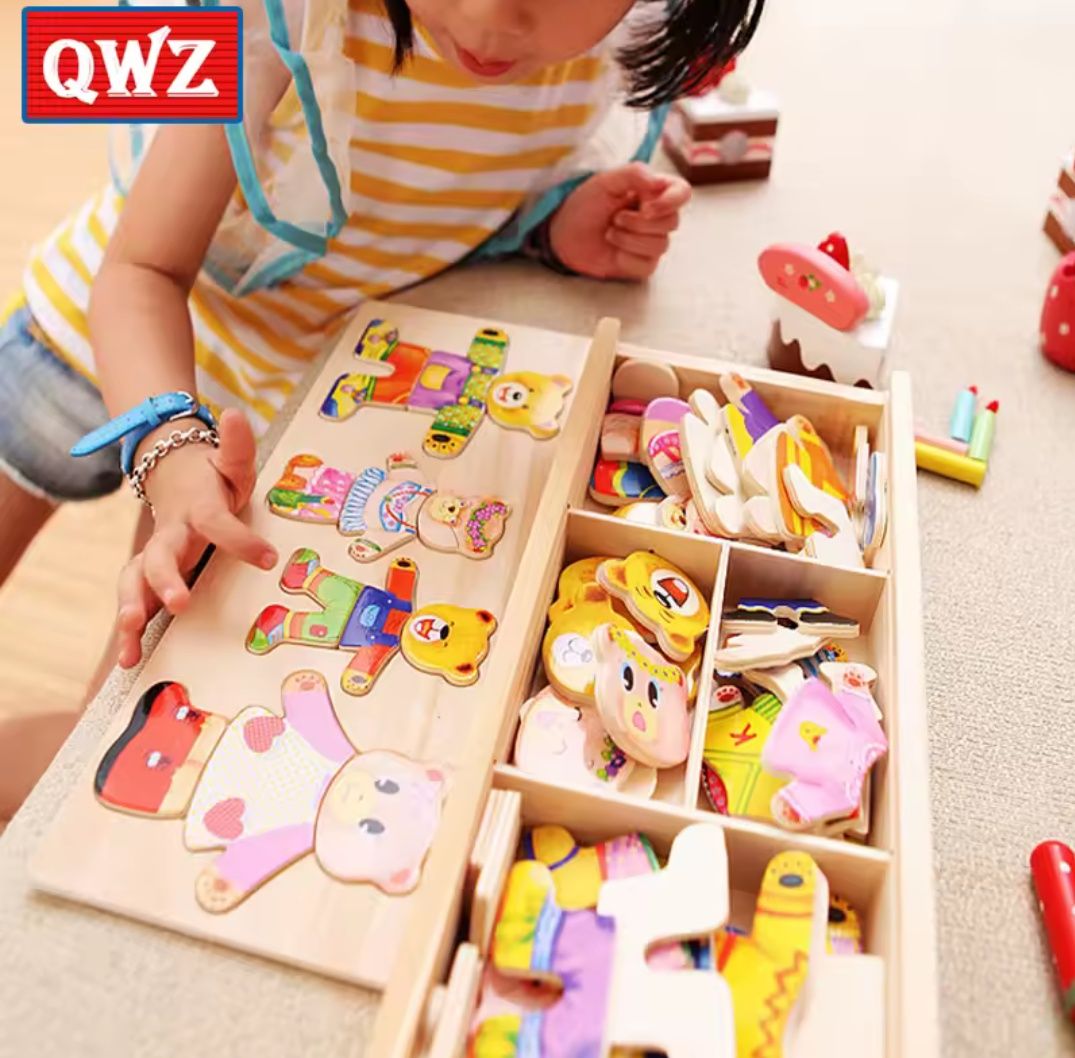 Drewniana Edukacyjna Układanka Montessori Ubieranie Misia