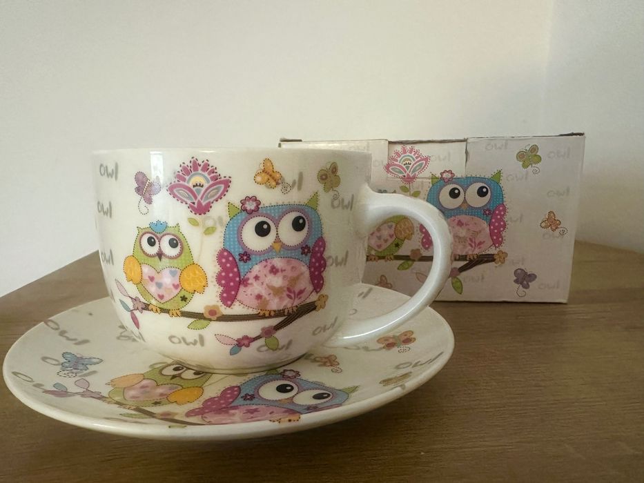 Nowa Duża Filiżanka Ze Spodkiem Sowy Owls Carmani