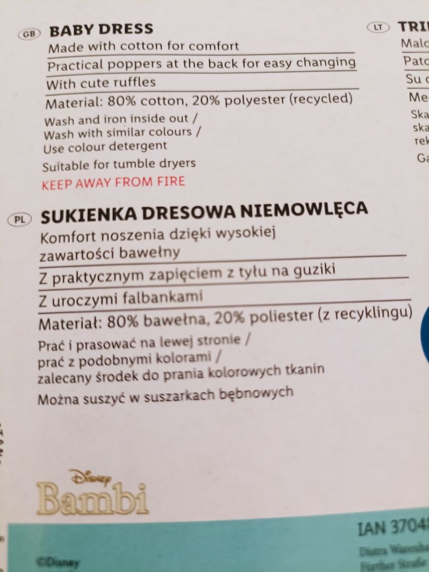 Sukienka dresowa NOWA na 6-12miesięcy, 74-80cm Disney baby