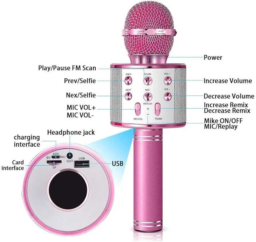 Microfone Karaoke Bluetooth, 3 em 1 portes grátis