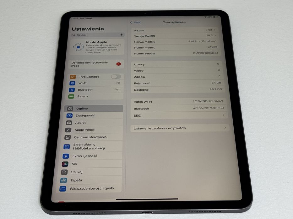 iPad Pro 11 1. gen. (A1980) - 64GB - faktura VAT 23%