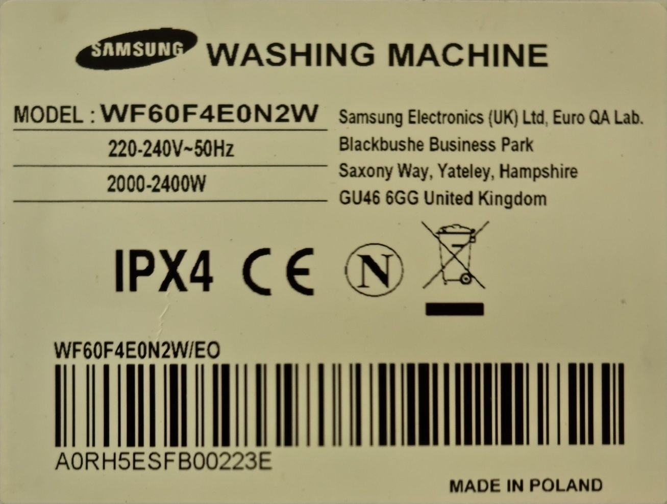 Części do pralki Samsung Eco Bubble wf60f4e