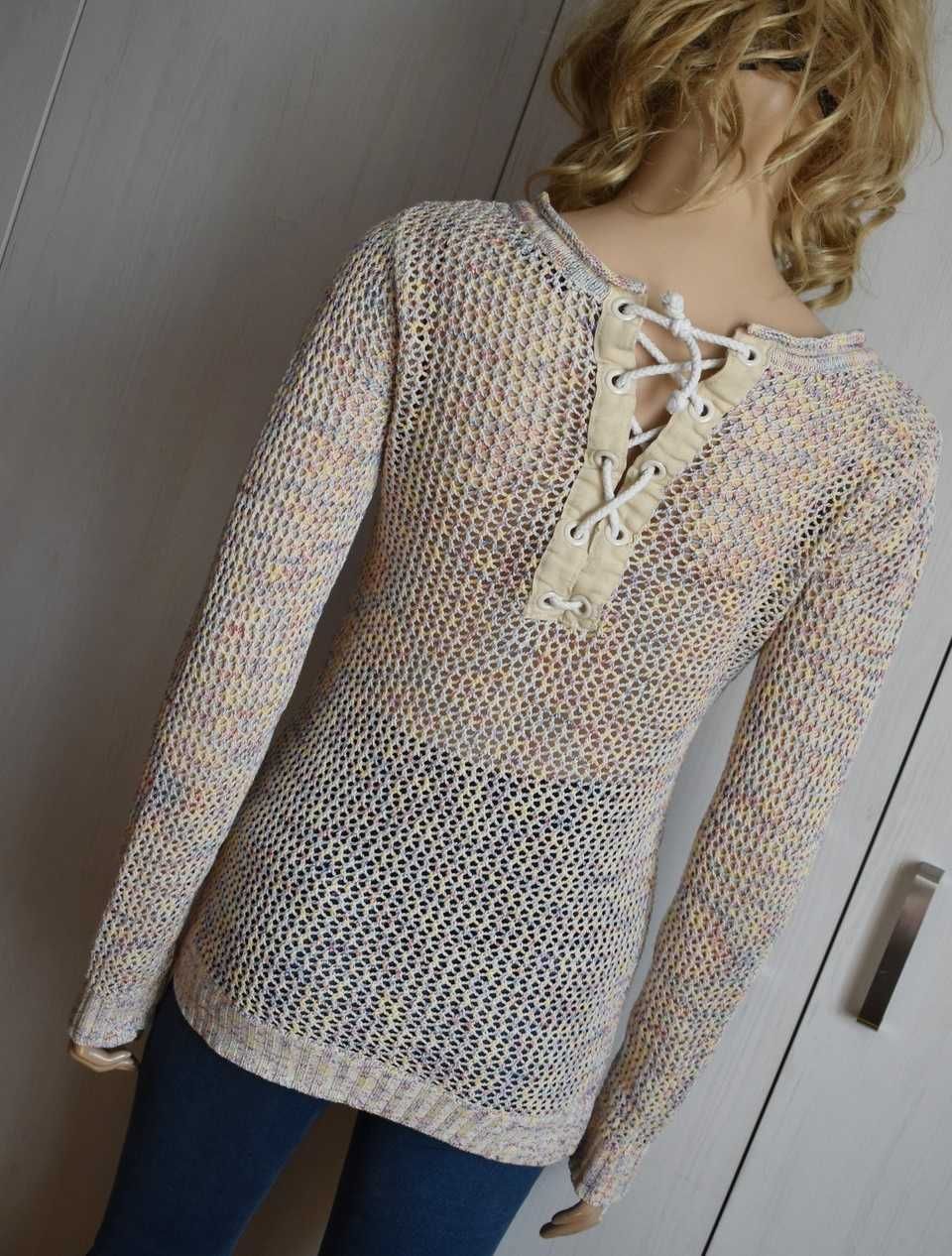 Sweter S M 36 kolorowy szydełkowany cienki sweterek na szydełku bluzka