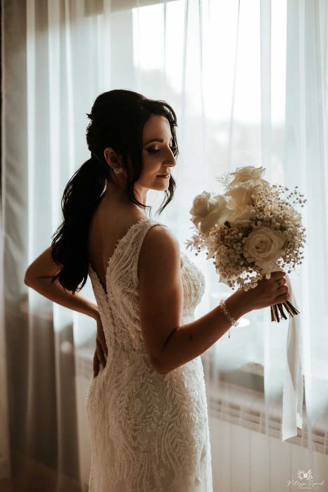 SUKNIA ŚLUBNA Rybka Agnes 34/36 Śmietanka Koronka