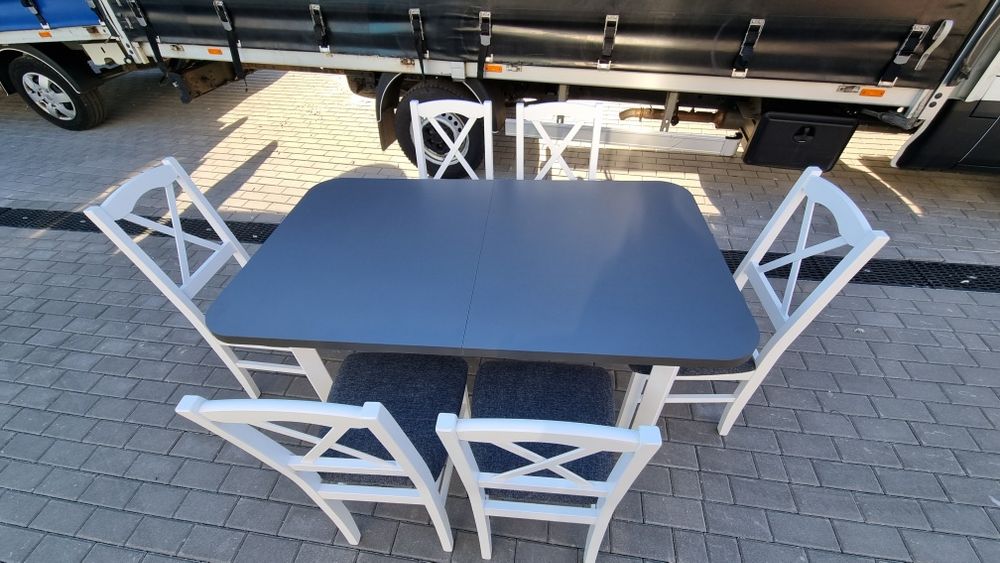 Od ręki: Stół z 6 krzesłami, nowe , biały/grafit + grafit (krzyż)