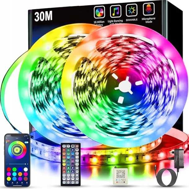 aśma LED RGB 30m z Bluetooth – Sterowanie Aplikacją, Muzyka, Timer
