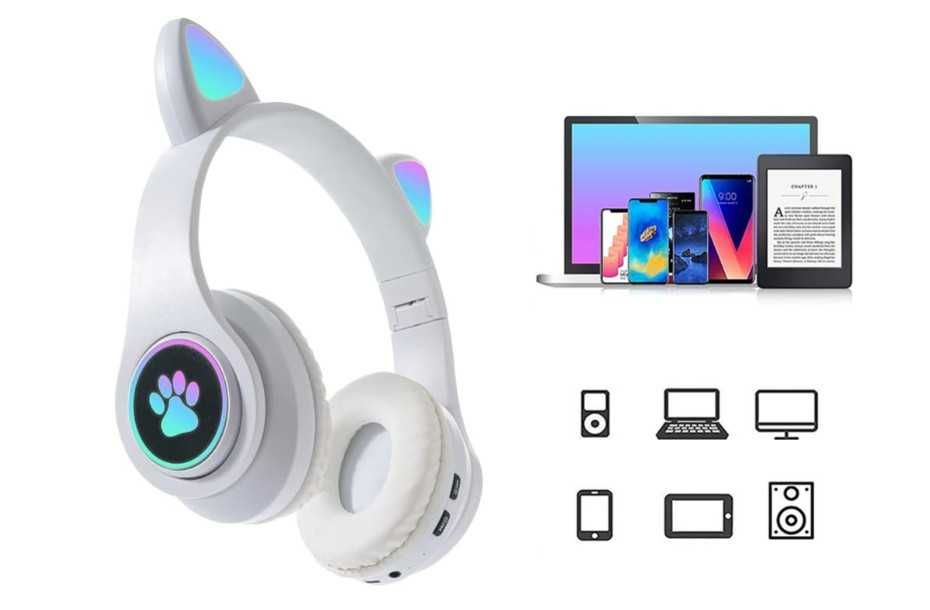 Słuchawki Bezprzewodowe Bluetooth LED Kocie Uszy Mix Kolorów **HIT**