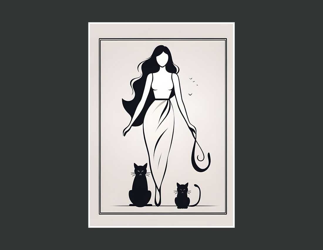 Plakat kobieta z kotami w ramie do salonu - 30x40cm