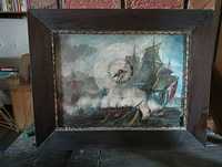 Bitwa morska stary olejny obraz zegar drewniana rama sygnowany