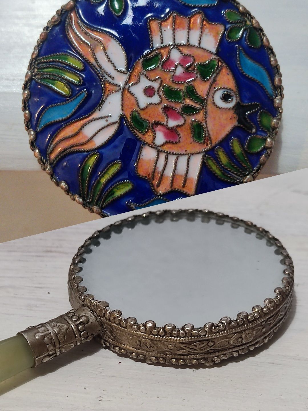 Vintage  małe lustereczko ręczne, Cloisonné z jadeitowym uchwytem