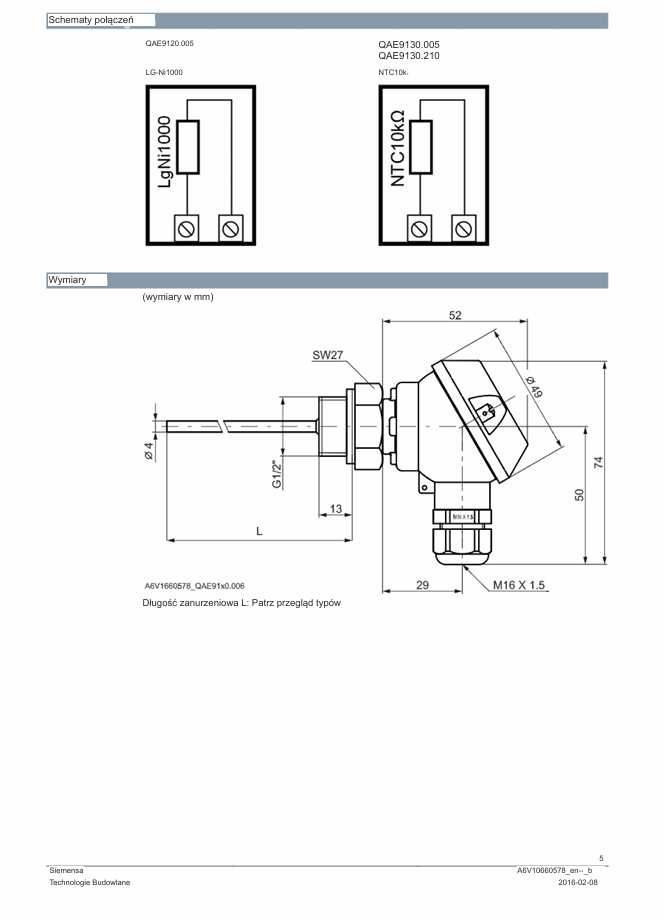 145 Zanurzeniowych Czujników Temperatury SIEMENS QAE9120.005