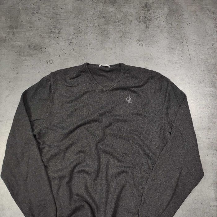 MĘSKI Elegancki PREMIUM Wełniany Sweter Haft Szary Calvin Klein Golf