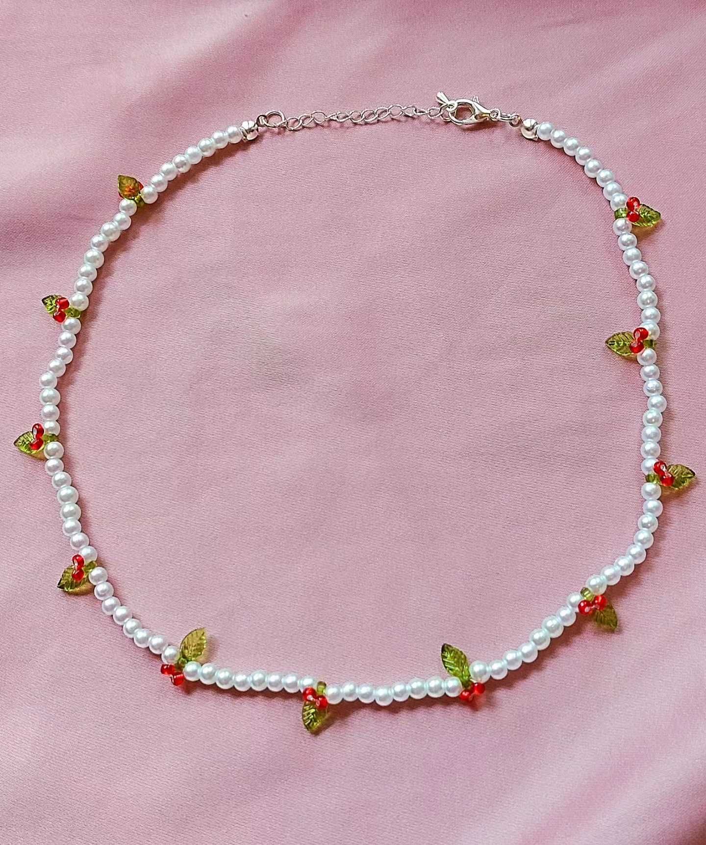Handmade letni naszyjnik z wisienkami / perły szklane