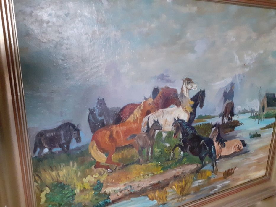 Stary obraz olej- Konie  przy rzece  w ramie.