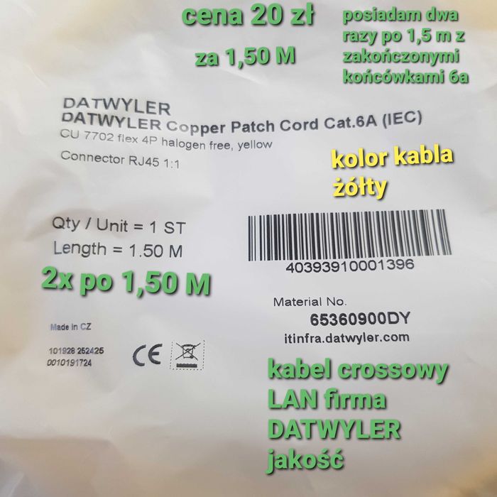 Kabel Krosowy LAN DATWYLER kat.6a flex 4P Zolty 2x po 10M i 2x Po 1,5M
