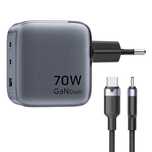 Ładowarka Gan Vention Usb-C+C+A 70W + Kabel Usb-C Do Usb-C 1M (Szara)