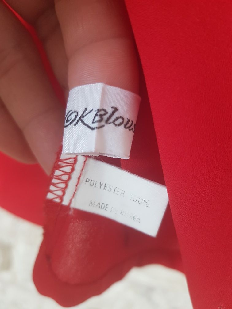 Elegancka bluzeczka Vintage w żywej czerwieni haft krótki rękaw L XL
