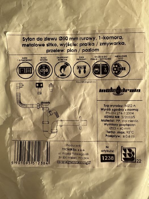 tycner syfon do zlewu ø50 mm rurowy, 1 komora